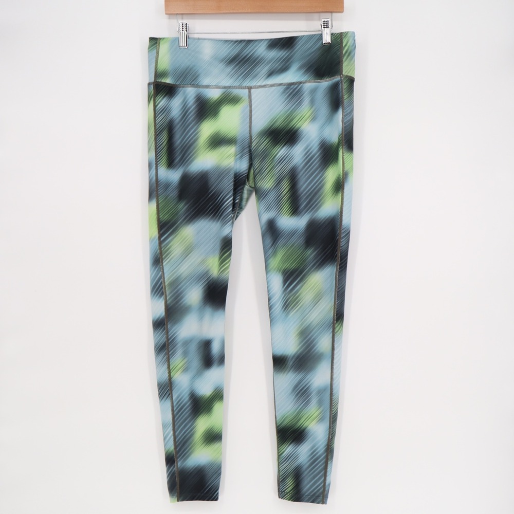 Athleta Womens Abstract Blurred Print Performance Leggings Teal Green Black L